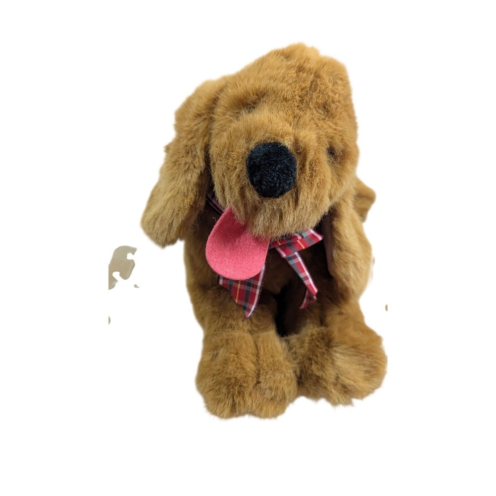 Vintage‎ Gund Brown Plush Dog Stuffed Animal Plaid Bow Pink Tongue 14"